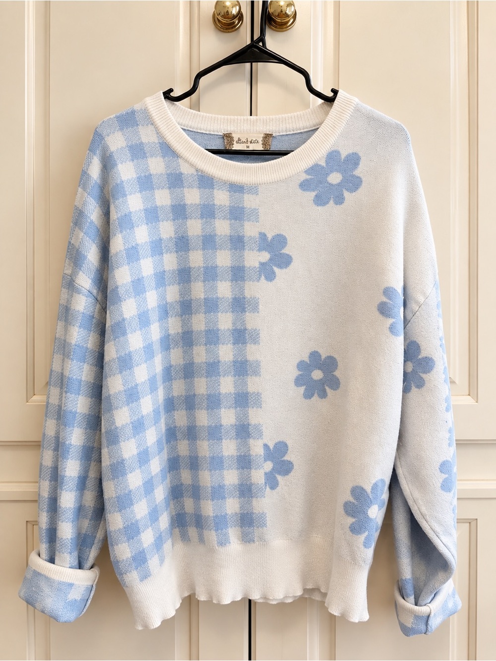 Altar'd State Light Blue and White Floral Gingham Crewneck Sweater - Picture 5 of 5